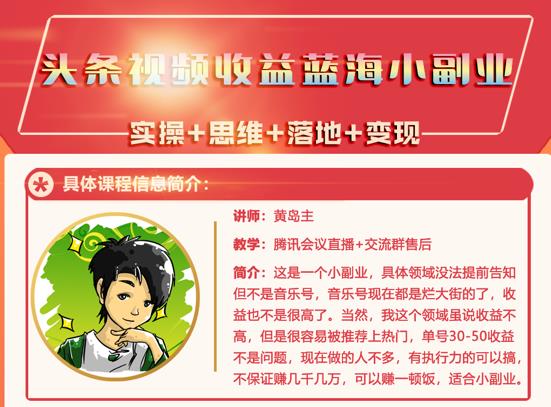黄岛主·头条视频蓝海小领域副业项目，单号30-50收益不是问题-天天资源网