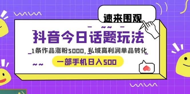 抖音今日话题玩法，1条作品涨粉5000，私域高利润单品转化 一部手机日入500-天天资源网
