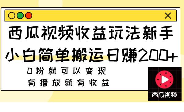 西瓜视频收益玩法，新手小白简单搬运日赚200 0粉就可以变现 有播放就有收益-天天资源网