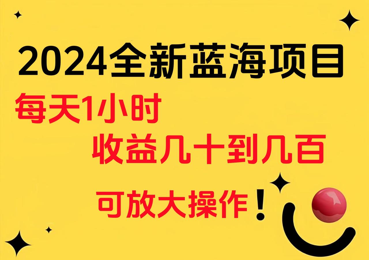 小白有手就行的2024全新蓝海项目，每天1小时收益几十到几百，可放大操作-天天资源网