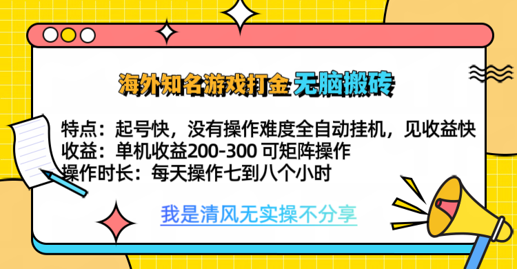 知名游戏打金，无脑搬砖单机收益200-300+  即做！即赚！当天见收益！-天天资源网
