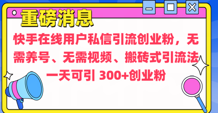 通过给快手在线用户私信引流创业粉，无需养号、无需视频、搬砖式引流法，一天可引300+创业粉-天天资源网
