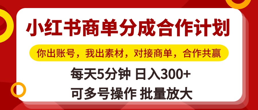 小红书商单分成合作计划，你出账号，我出素材，对接商单，合作共赢，单号日入300+，可批量放大-天天资源网