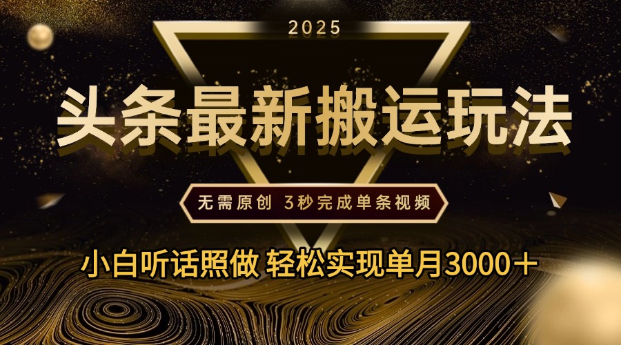 2025年今日头条最新搬运玩法，无需原创3秒完成视频轻松实现单月3000＋-天天资源网