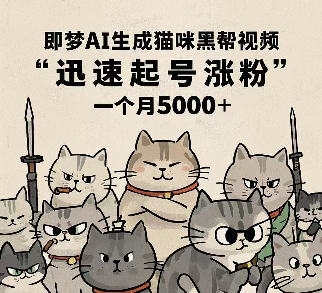 即梦AI生成猫咪黑帮视频，迅速起号涨粉，一个月5000➕-天天资源网